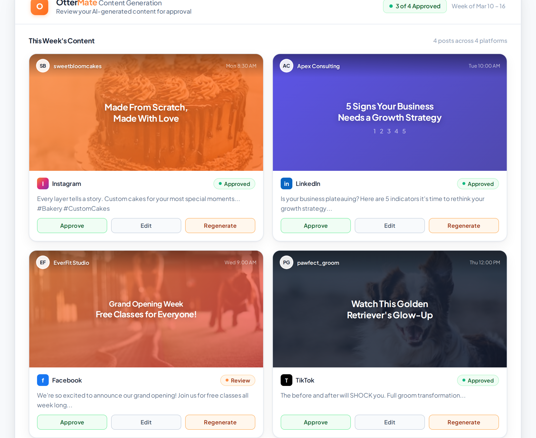 OtterMate content generation dashboard showing 4 AI-created social media posts across Instagram, LinkedIn, Facebook, and TikTok for different industries