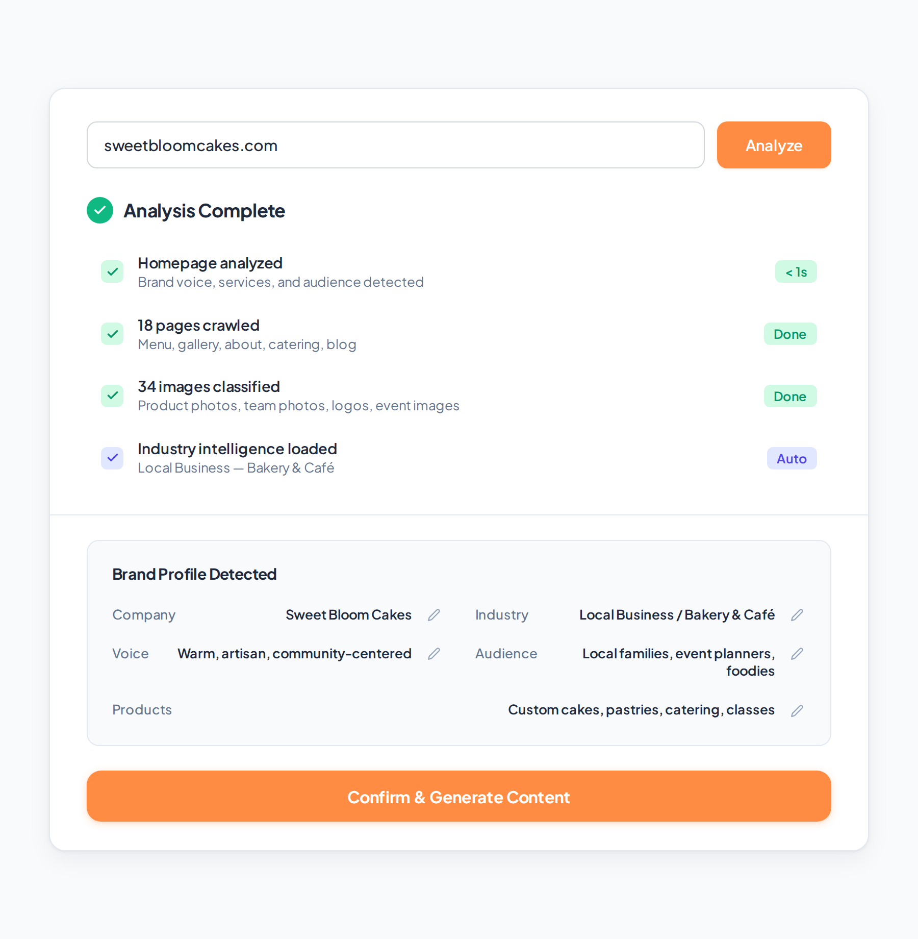 OtterMate AI website analysis showing homepage crawl, page analysis, image classification, and auto-detected brand profile for Sweet Bloom Cakes