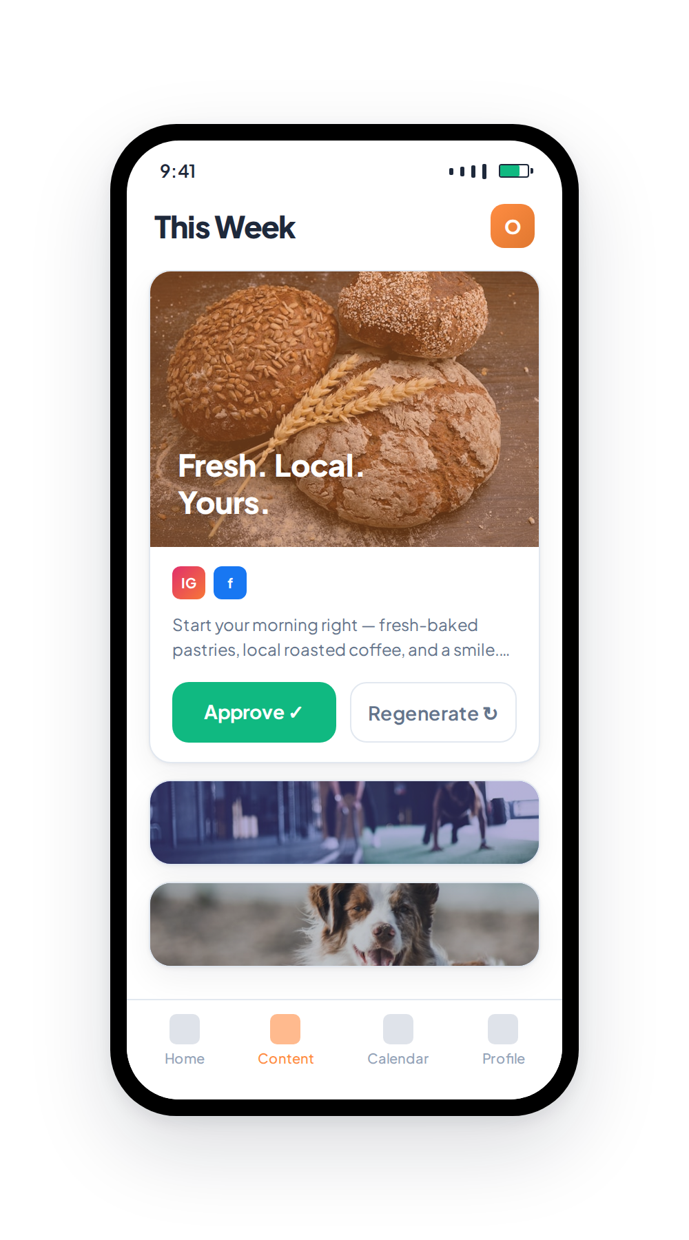 OtterMate mobile app for a bakery — approving a Fresh Local Yours post