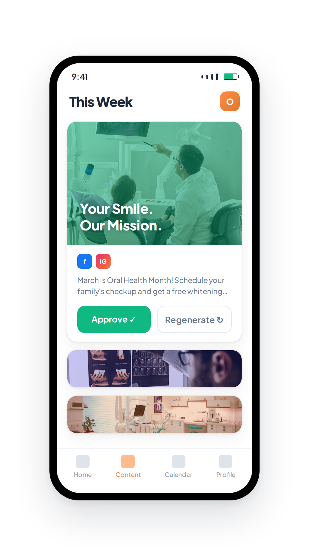 OtterMate mobile app for a dental practice — approving a Your Smile Our Mission post