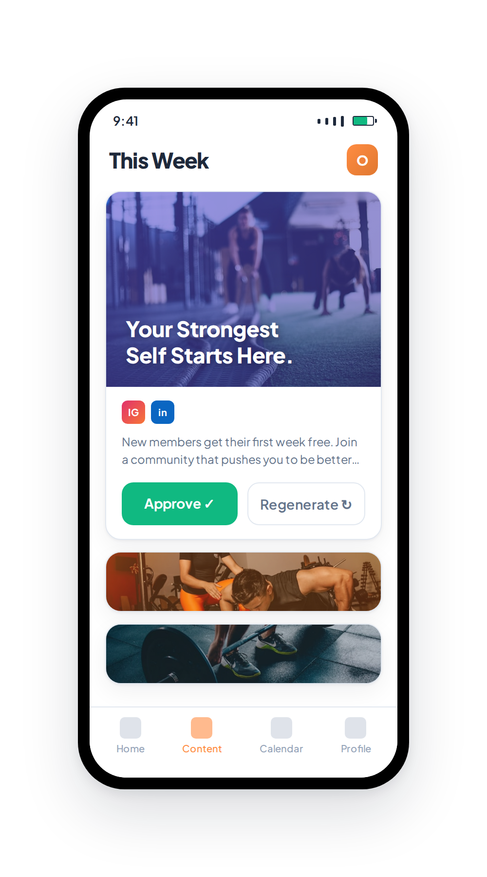 OtterMate mobile app for a fitness studio — approving a Your Strongest Self post