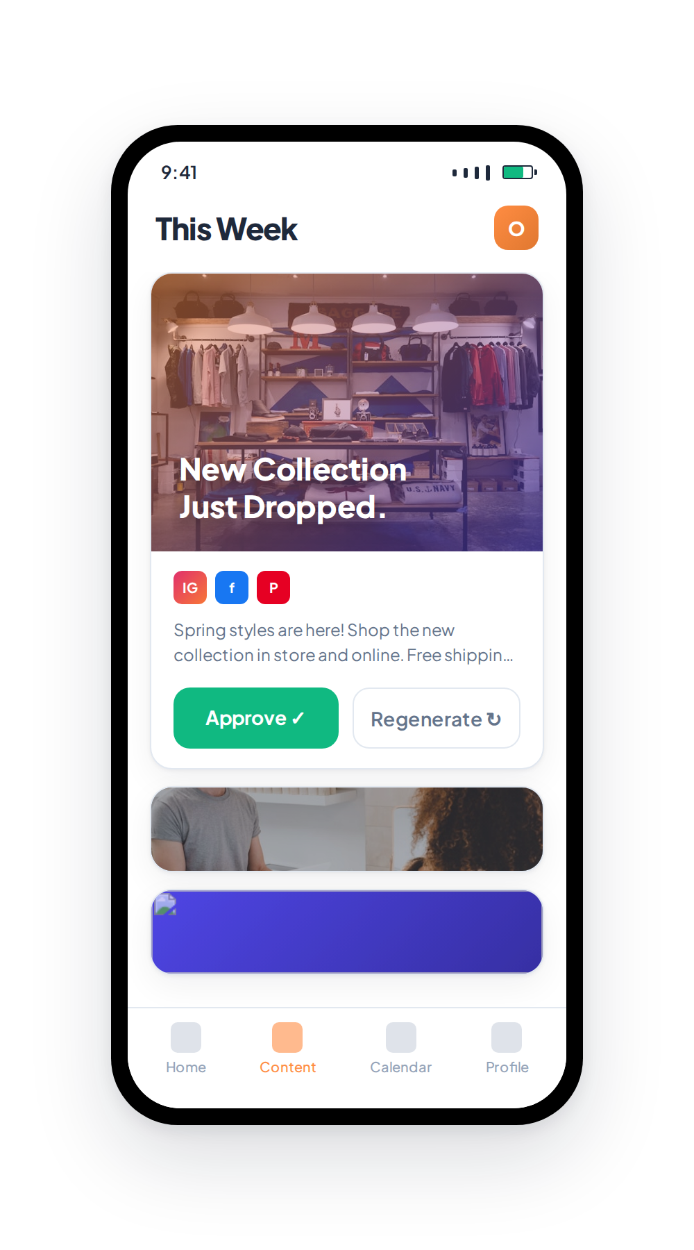 OtterMate mobile app for a boutique retailer — approving a New Collection Just Dropped post